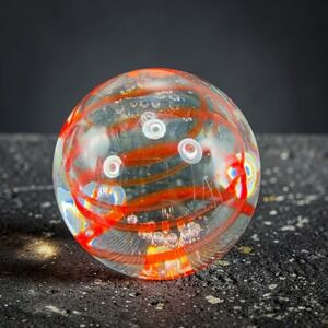 Art Glass Paperweight Red Spiral Controlled Bubbles Clear Sphere Round Blown VTG
